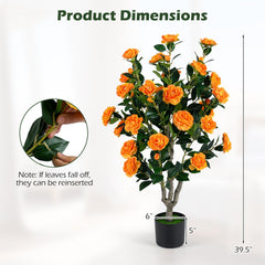 Set of 2 39.5 inches Artificial Camellia Tree with Orange Blossoms in Cement Pot for Decoration-Orange
