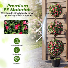 Set of 2 43.5 inches Artificial Triple Ball Rose Topiary Tree with Lifelike Blooms and Green Leaves