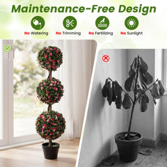 Set of 2 43.5 inches Artificial Triple Ball Rose Topiary Tree with Lifelike Blooms and Green Leaves