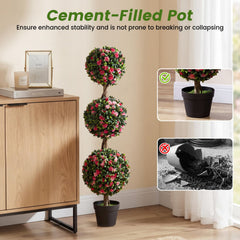 Set of 2 43.5 inches Artificial Triple Ball Rose Topiary Tree with Lifelike Blooms and Green Leaves