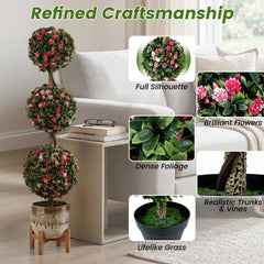 Set of 2 43.5 inches Artificial Triple Ball Rose Topiary Tree with Lifelike Blooms and Green Leaves
