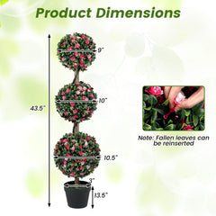 Set of 2 43.5 inches Artificial Triple Ball Rose Topiary Tree with Lifelike Blooms and Green Leaves