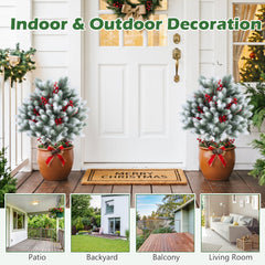 Set of 2 Artificial Cedar Topiary with Ground Spikes for Porch Patio Winter Decoration