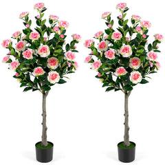 Set of 2 Artificial Camellia Tree with 27 Blossoms in Cement Pot for Home