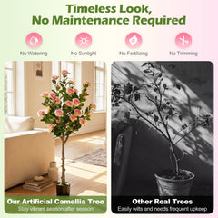Set of 2 Artificial Camellia Tree with 27 Blossoms in Cement Pot for Home