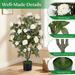 Set of 2 Artificial Rose Tree with Blooming Flowers and Green Leaves for Indoor-White