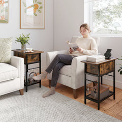 Set of 2 End Table with Charging Station and Hidden Compartment-Rustic Brown