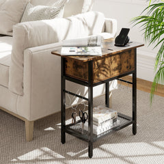 Set of 2 End Table with Charging Station and Hidden Compartment-Rustic Brown