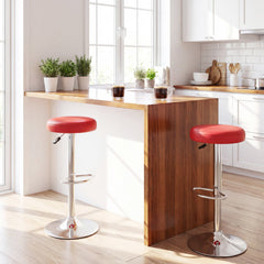 Set of 2 Backless Gas Lift Bar Stools in Red with Chrome Base, 25.5 to 33.5 Inch Seat
