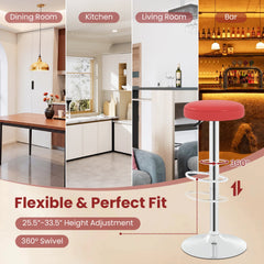 Set of 2 Backless Gas Lift Bar Stools in Red with Chrome Base, 25.5 to 33.5 Inch Seat