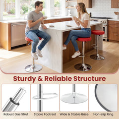 Set of 2 Backless Gas Lift Bar Stools in Red with Chrome Base, 25.5 to 33.5 Inch Seat