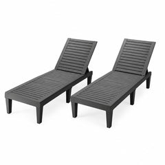 Set of 2 Slatted PP Chaise Loungers with 5 Position Backrests, Black