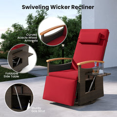 Set of 2 Wicker Swivel Recliners with Arm Tables and 400 lb Capacity, Red