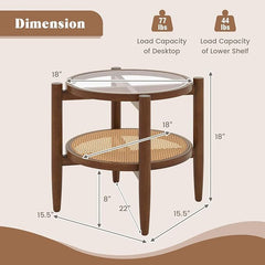Set of 2 Rattan Round Side End Table with Tempered Glass Tabletop-Walnut