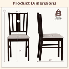 Set of 2 Slat Back Kitchen Chairs with Padded Fabric Seat, Coffee Rubber Wood