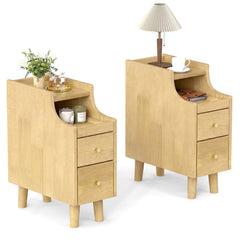 Set of 2 Solid Wood Night Side Table with Pull-out Tray and 2 Storage Drawers-Natural