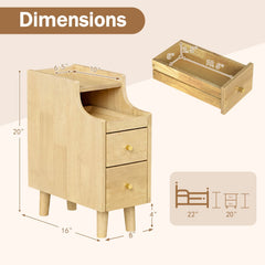 Set of 2 Solid Wood Night Side Table with Pull-out Tray and 2 Storage Drawers-Natural
