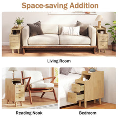 Set of 2 Solid Wood Night Side Table with Pull-out Tray and 2 Storage Drawers-Natural