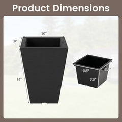 Set of 2 Square Taper Planter with Optional Drainage Hole and Removable Inner Bucket-Black