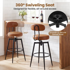 Set of 2 Swivel Bar Stools with Floating Curved Backs in Brown, 30 Inch Seat Height