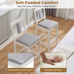 Set of 4 Bar Height Stools in White with Linen Seats and Tilted Backs, 29.5 Inch