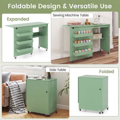 Sewing Machine Table with Charging Station and Lockable Casters-Green