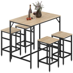 5 Pieces Industrial Rectangular Bar Table Set, Dining Table Set Breakfast Table with 4 Stools for Dining Room, Kitchen, Dinette, Oak