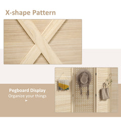 4.7' 3 Panel Wooden Room Divider with Pegboard Display, Folding Privacy Screen for Home Office, Natural