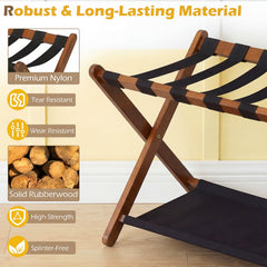 Solid Rubberwood Folding Luggage Rack with Nylon Shelves Set of 2-Brown