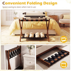 Solid Rubberwood Folding Luggage Rack with Nylon Shelves Set of 2-Brown