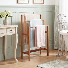 Solid Wood 3-Tier Freestanding Towel Rack with Teak Oil Finish