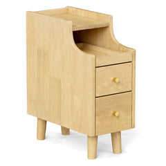 Solid Wood Night Side Table Narrow Bedside Table Nightstand with Pull-out Tray and 2 Storage Drawers-Natural