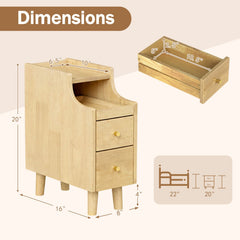 Solid Wood Night Side Table Narrow Bedside Table Nightstand with Pull-out Tray and 2 Storage Drawers-Natural