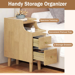 Solid Wood Night Side Table Narrow Bedside Table Nightstand with Pull-out Tray and 2 Storage Drawers-Natural