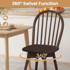 Set of 4 Swivel Windsor Dining Chairs with Spindle Back, Walnut Rubber Wood