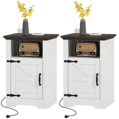 Set of 2 Side Tables, Night Stands with Charging Outlets, White