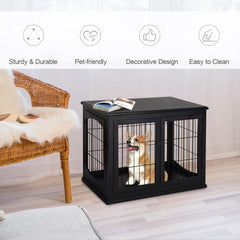26" Wooden Dog Cage with Double Door Entrance & Simple Modern Design, Black