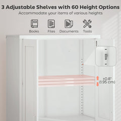 Office Storage Cabinet, Lockable Filing Cabinet with 3 Adjustable Shelves and 2 Doors for Home Office, Garage, White