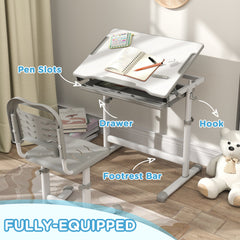 Height Adjustable Study Table and Chair Set with Drawer, Pen Slot, Tiltable Desktop, Hook, Blue