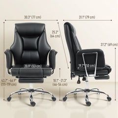 Reclining Office Chair, Overstuffed Executive Desk Chair with High Back, PU Leather, Footrest, Swivel Wheels, Black