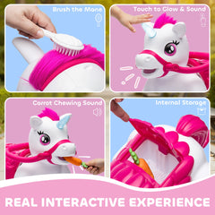 12V Unicorn Ride on Toy, Battery Powered Kids Electric Ride on Horse with Carrot Toy, Comb, Animal Sounds