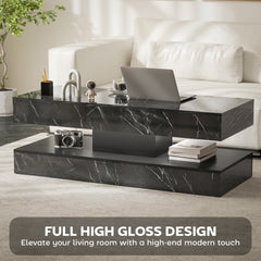 Coffee Table with Adjustable LED Lights, Modern Living Room Table with 2 Drawers, Open Shelf, Remote, High Gloss White