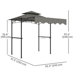 8' x 7.6' Grill Gazebo, Double Tiered Barbecue Grill Gazebo Shelter w/ Side Awning, 2 Side Shelves, 6 Hooks, Beige