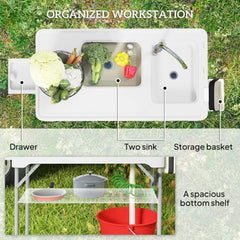 Folding Fish Cleaning Table with Sinks, Camping Sink with Faucet Drainage Hose Sprayer Shelf, Grey