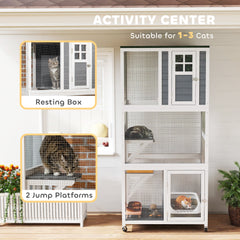 74" Wooden Outdoor Cat House Weatherproof & Wheeled with High Weight Capacity, Kitten Cage Condo, White