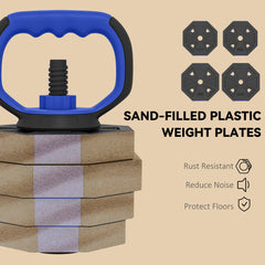 6-in-1 Adjustable Dumbbell Set, Used as Kettlebell, Barbell, Dumbbell, Push-Up Stand, 44lbs Free Weights Set, Blue