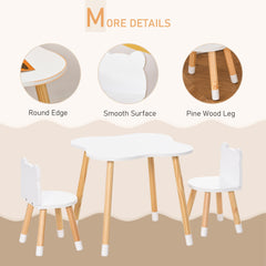 Kids Wooden Table and 2 Chairs Set, 3-Piece Dining Table with Bear Shape and Rounded Corners for 1-4 Years, White