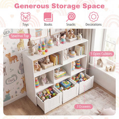 Toy Storage Organizer with 3 Movable Drawers and 5 Open Cubbies for Playroom-White