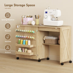 Sewing Machine Table on Wheels, Folding Craft Table with 2 Bins, Storage Shelf, 18 Pegs, Lockable Wheels, Brown