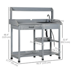 Potting Bench Table Garden Work Bench Workstation with Drawer, Removable Sink, Storage Shelves and Hooks for Patio, Courtyards, Balcony